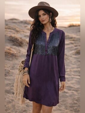 Roberta Freymann XS 100% Silk Eggplant Purple Sequin Tunic Dress Boho Luxe NWOT